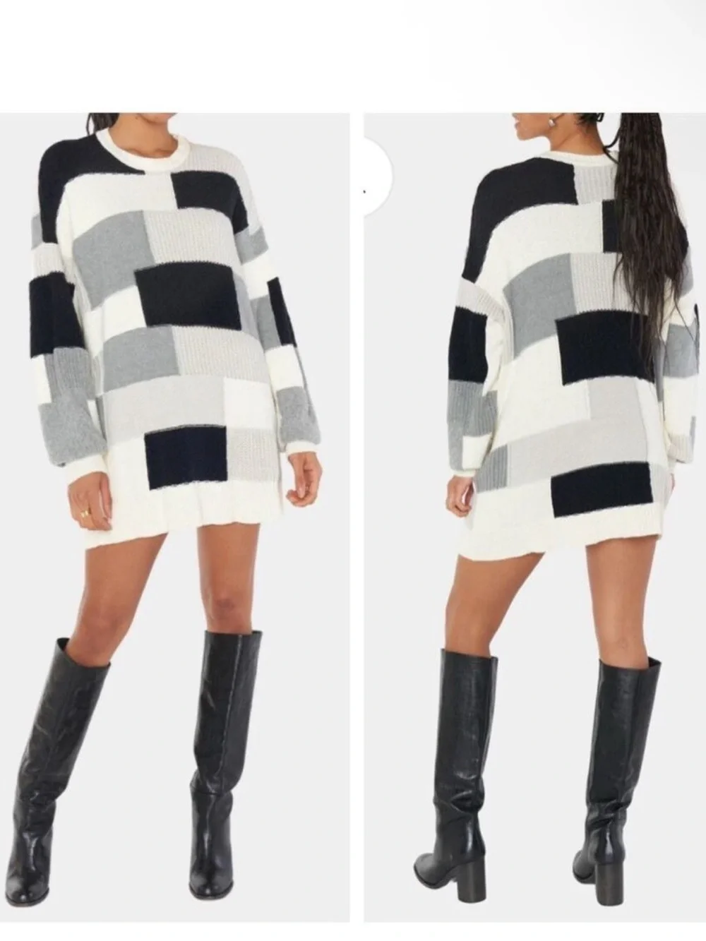 Women SHOW ME YOUR MUMU Ember Patchwork Knit Tunic Sweater Gray Black Ivory-3X